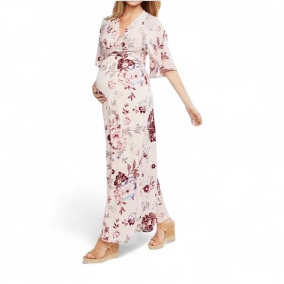 Jessica Simpson Maternity Blouson Cream and Burgundy Floral Dress - Picture 1 of 14